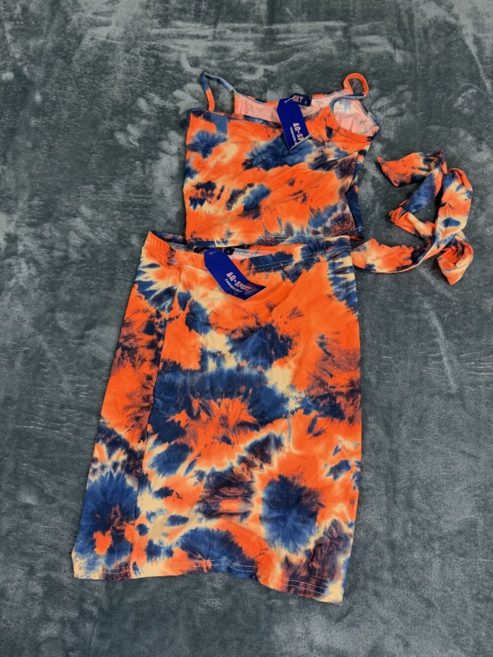 AQ-Sport Womens Orange & Blue Tie-Dye Skirt & Top Set S NWT